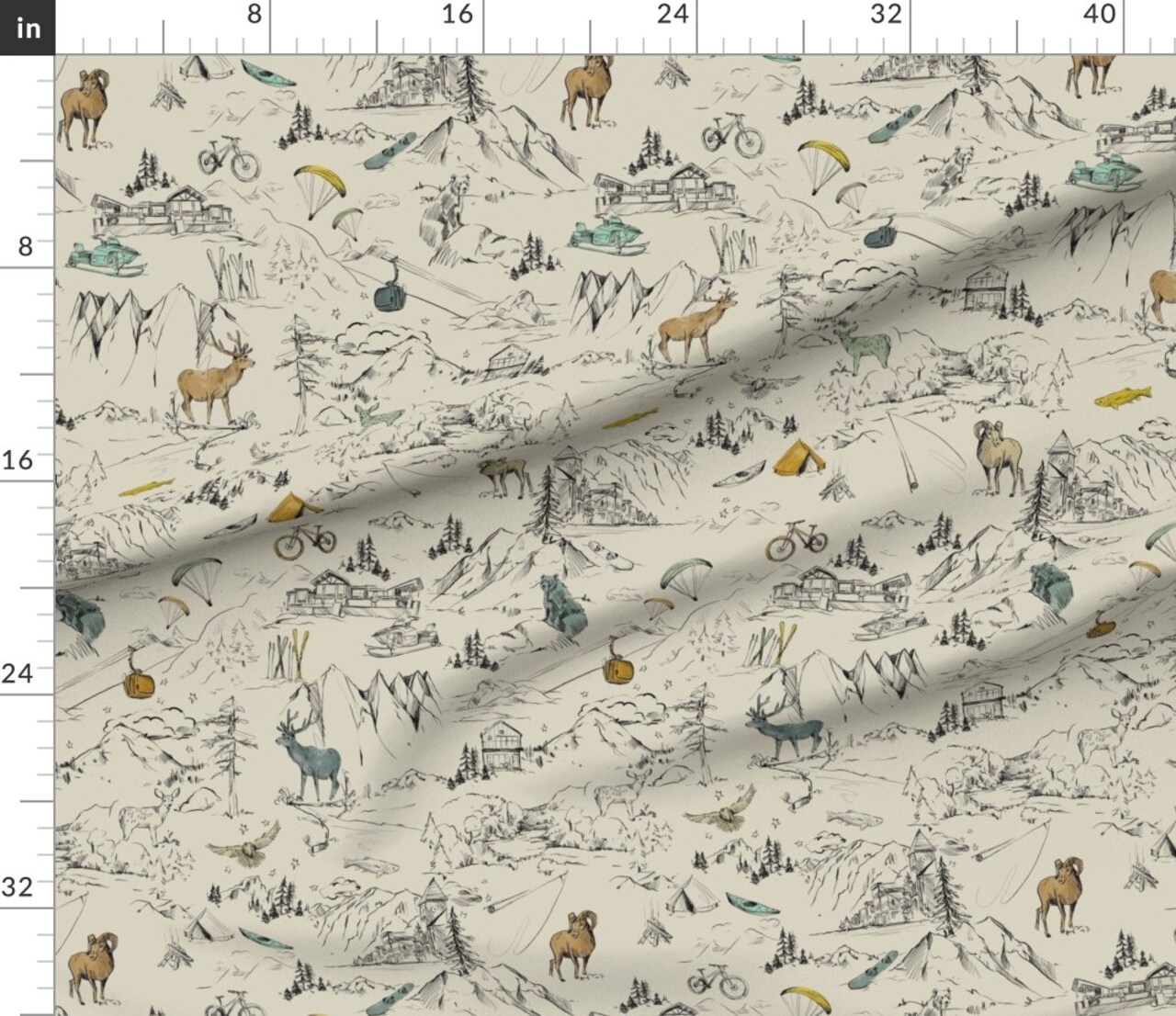 Deer Skiing Slopes Camping Mountains Ski Elk Snowboard Bike Nature Trees Toile Custom Printed Fabric by Spoonflower Various Fabrics by the Yard or Fat Quarter
